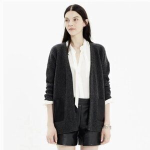 Madewell Grey Wool Ribbed Cardigan with Leather Pockets - Size XS